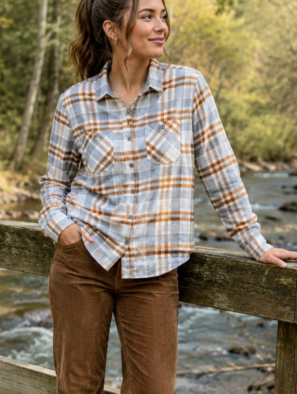 Lands' End Casual Plaid Shirt - Brown and Gray Shacket
